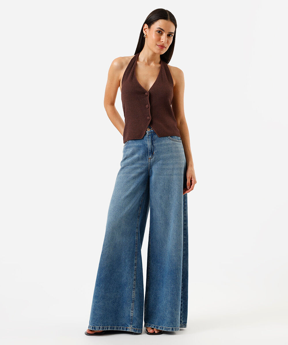 colete feminino de tricot frente única decote v marrom