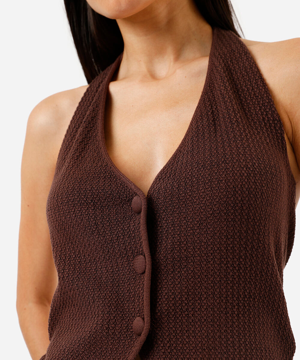 colete feminino de tricot frente única decote v marrom