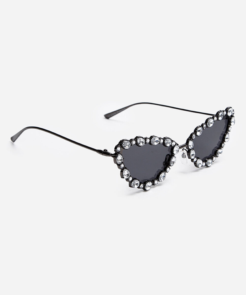 óculos de sol metal gatinho com strass preto