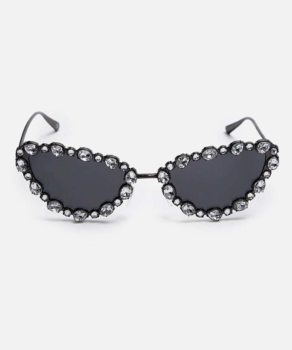 óculos de sol metal gatinho com strass preto