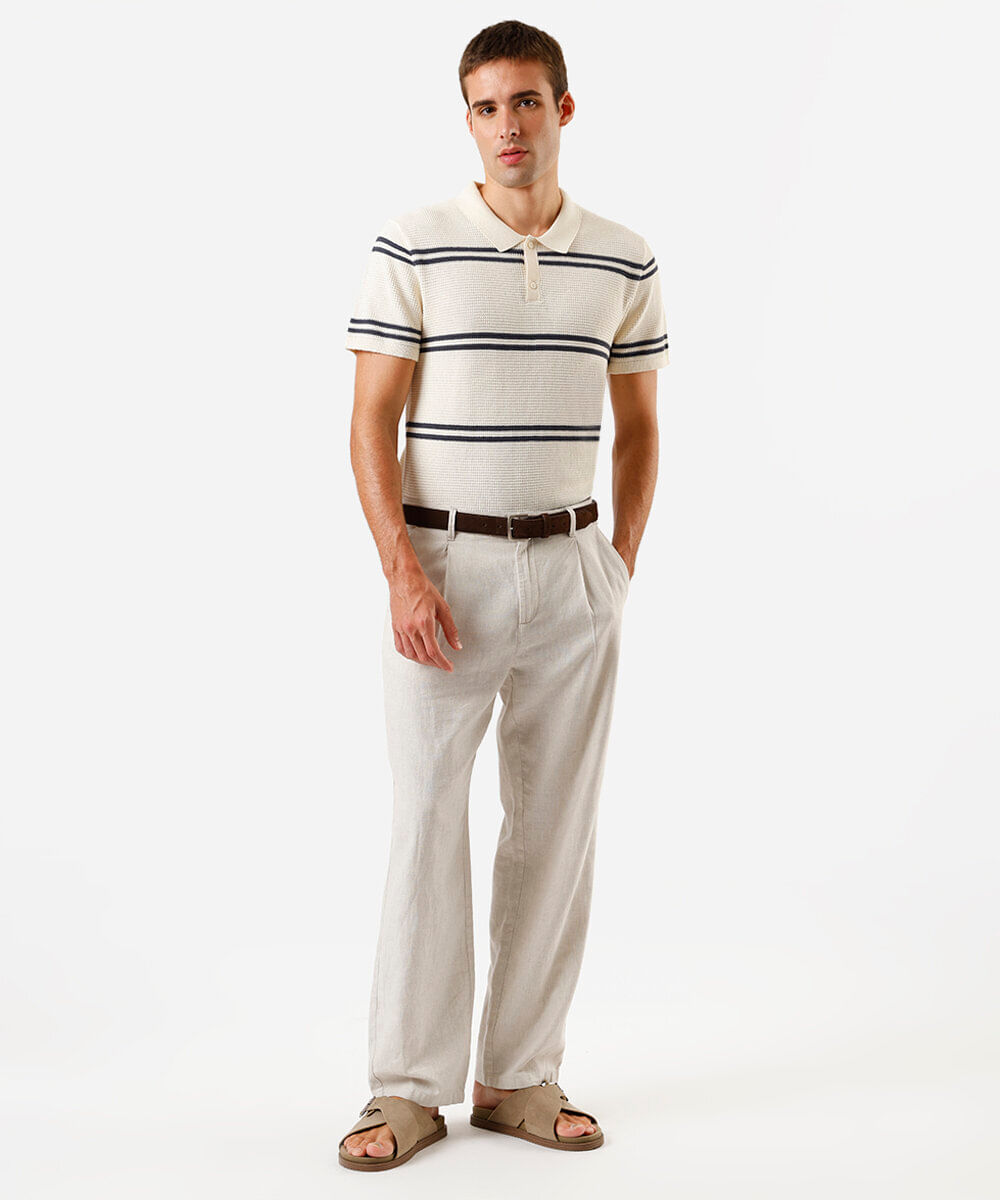 polo de algodão masculina texturizada listrada off white