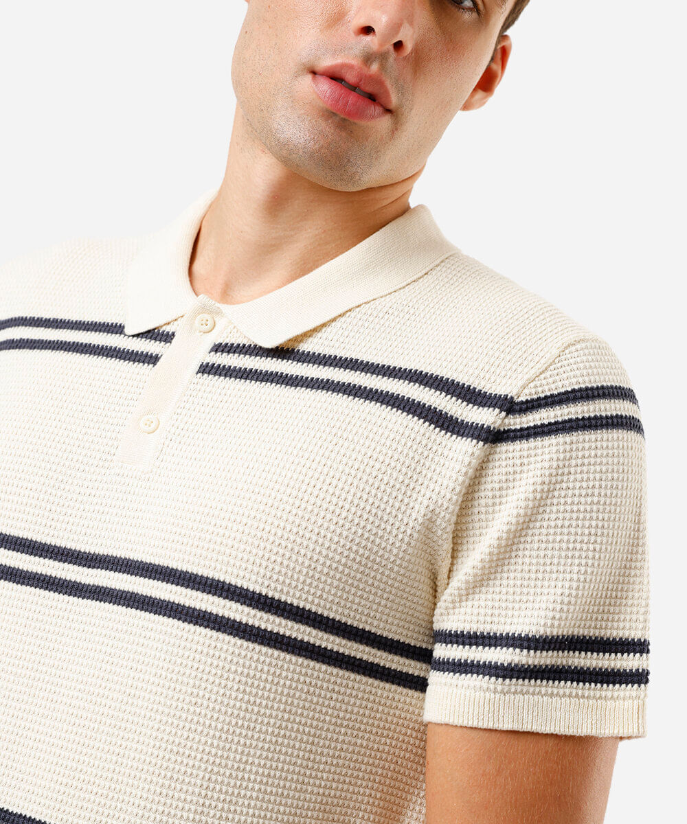 polo de algodão masculina texturizada listrada off white