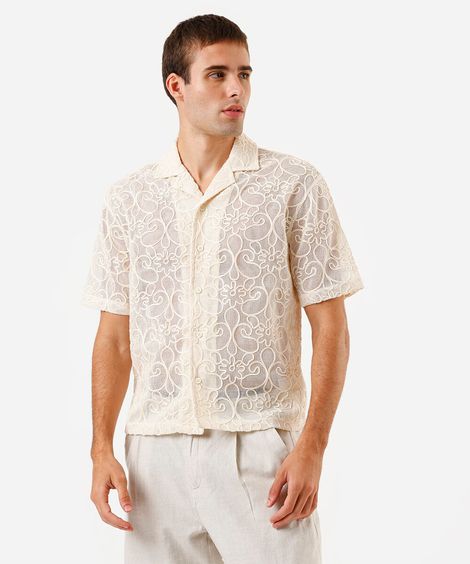 camisa masculina bordada 3d flores off white