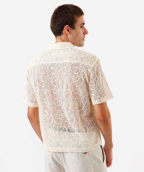 camisa masculina bordada 3d flores off white