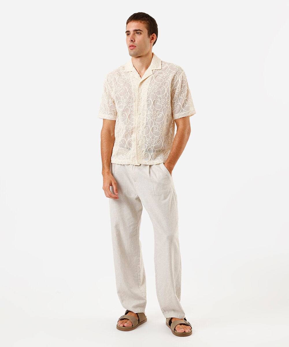 camisa masculina bordada 3d flores off white