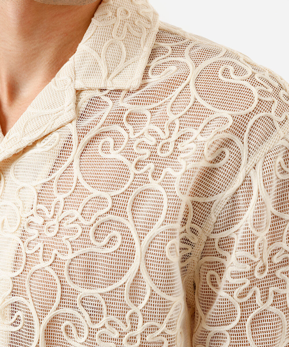 camisa masculina bordada 3d flores off white