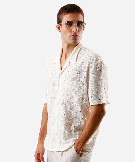 camisa masculina jacquard bordada off white
