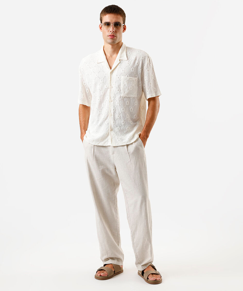 camisa masculina jacquard bordada off white