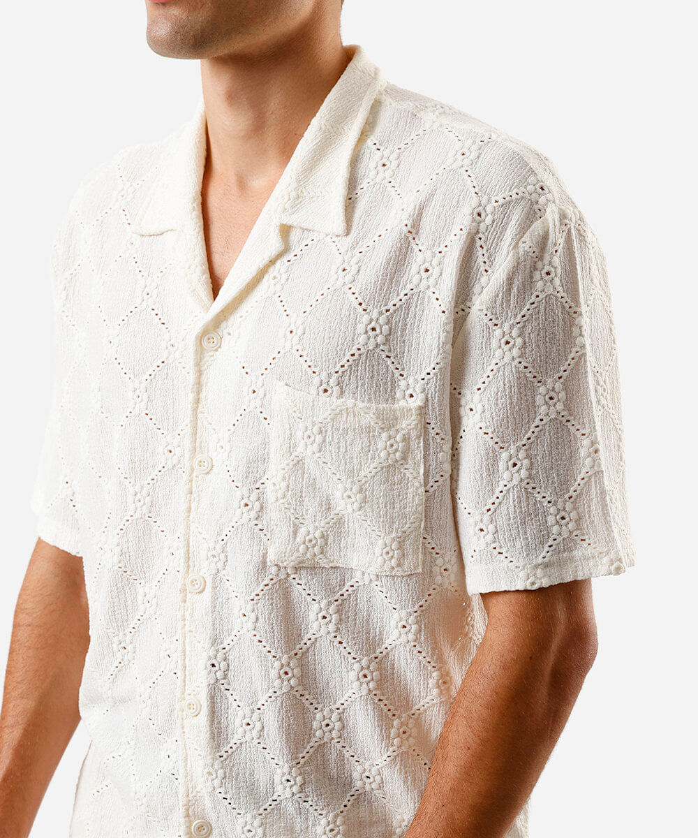camisa masculina jacquard bordada off white