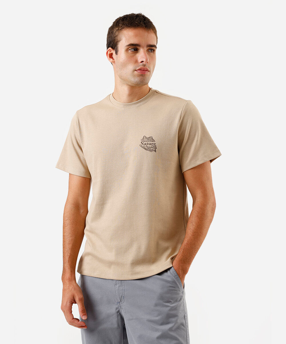 camiseta masculina com algodão estampada bege