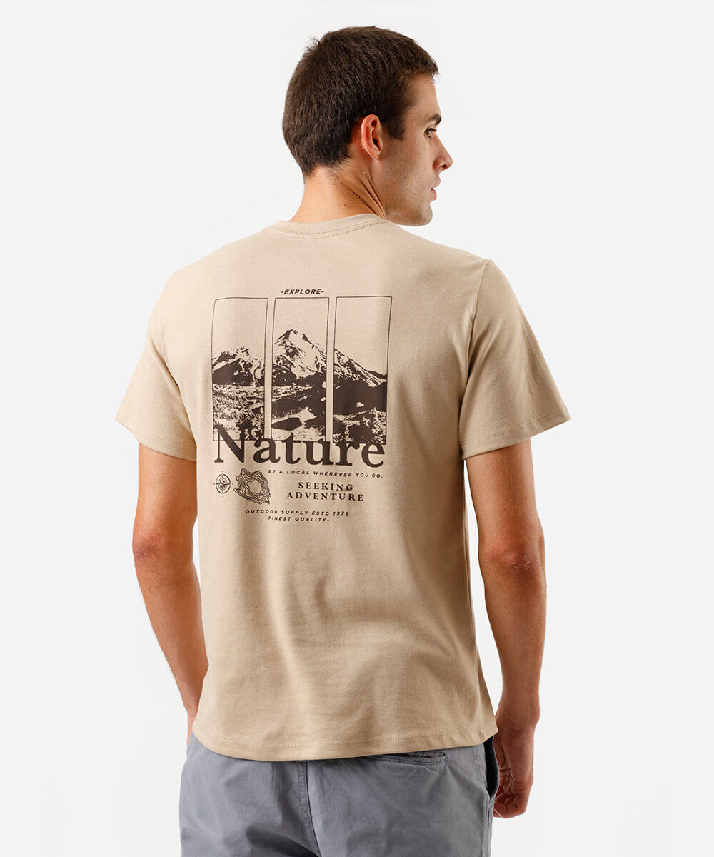 camiseta masculina com algodão estampada bege