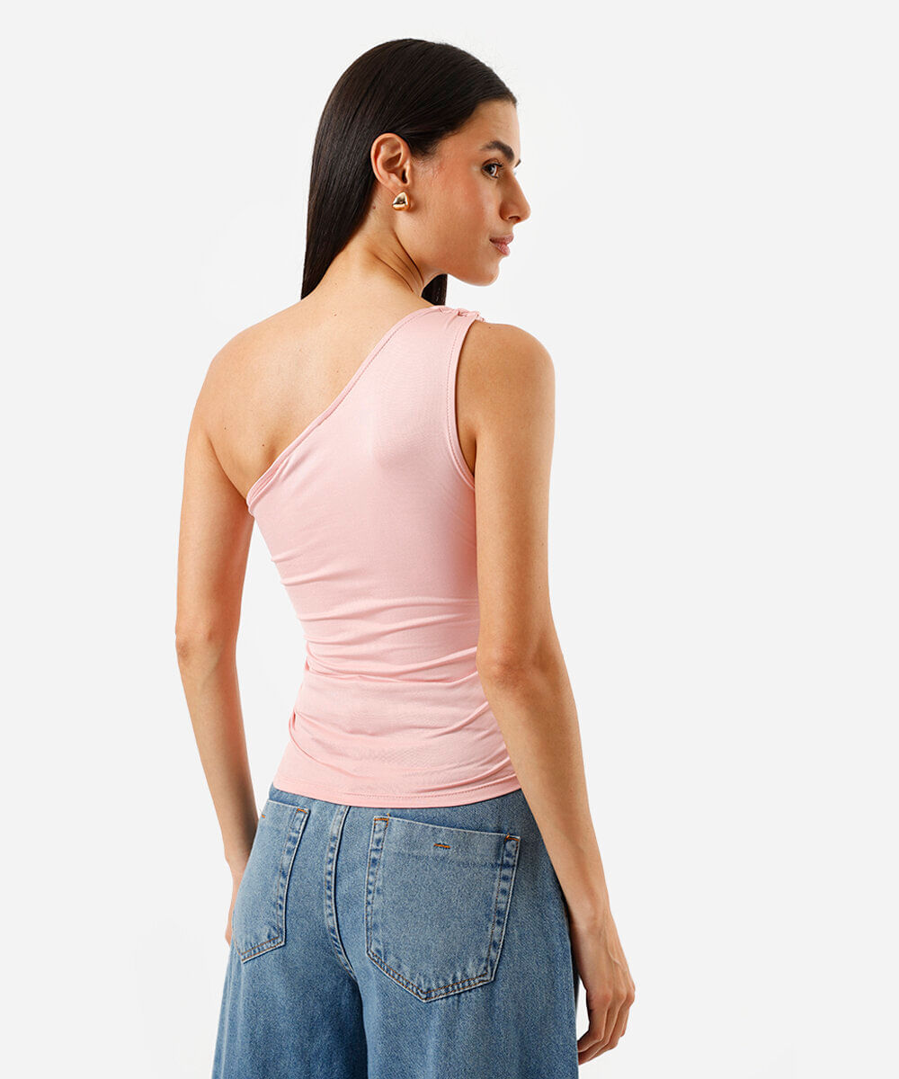 blusa ombro único feminina com franzidos rosa
