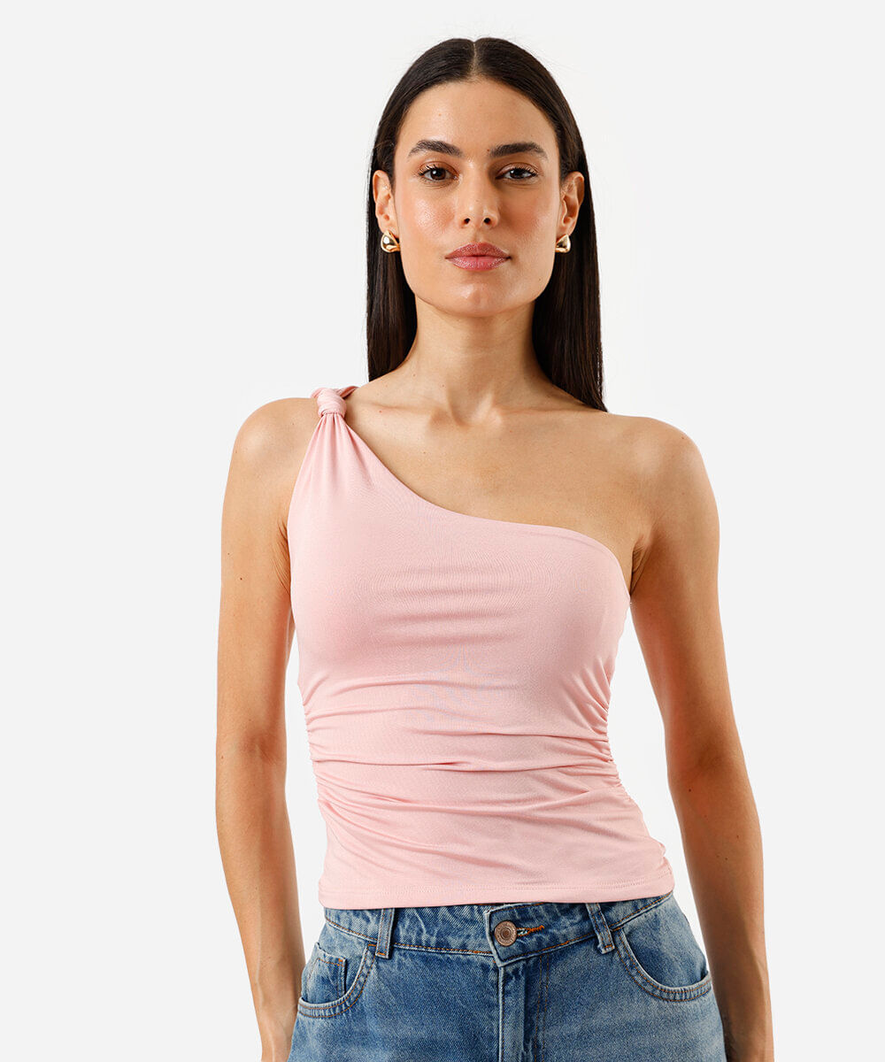 blusa ombro único feminina com franzidos rosa