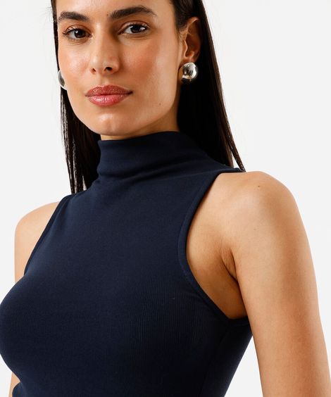 Blusa feminina gola alta canelada azul