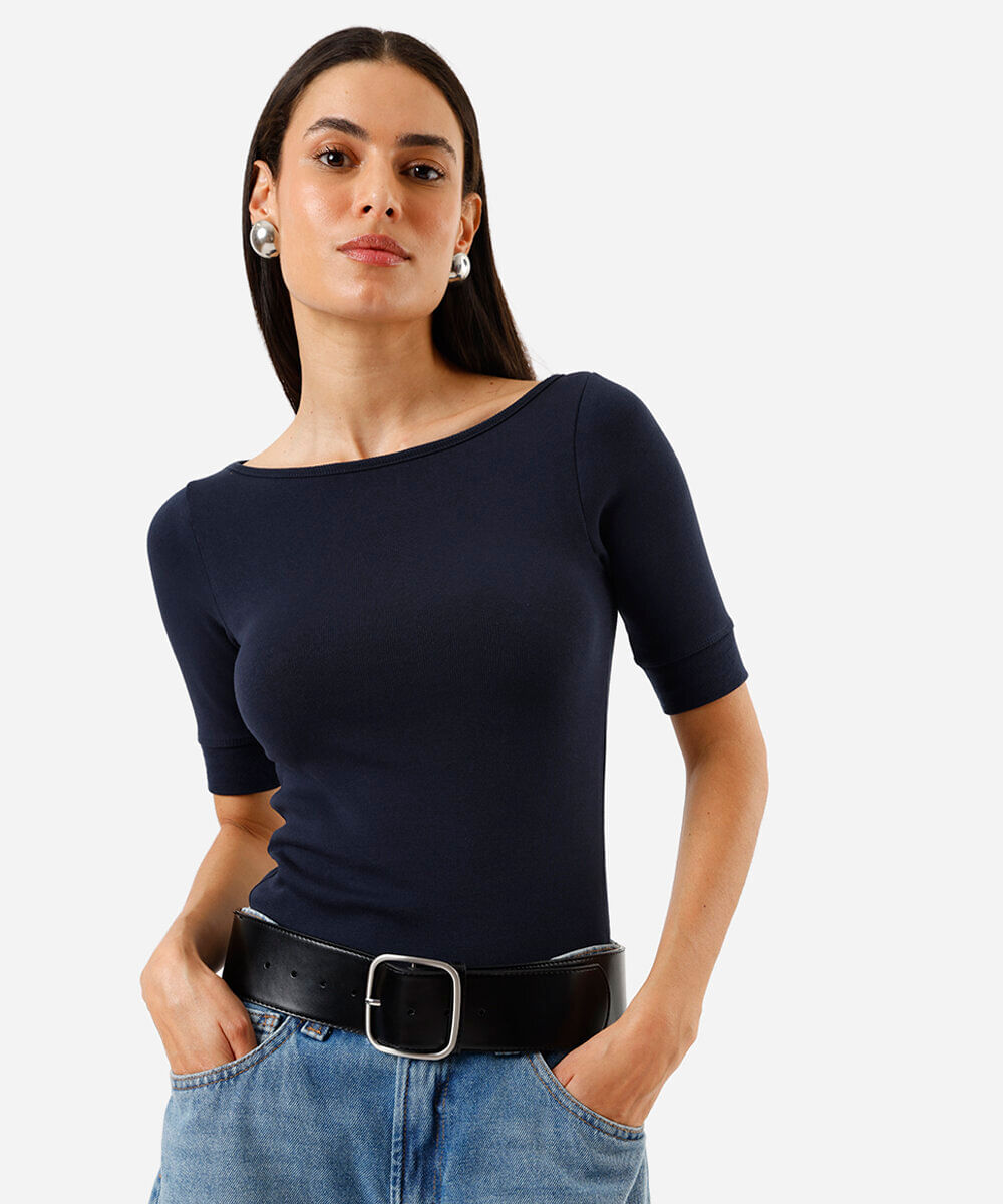 Blusa feminina canelada manga alongada azul