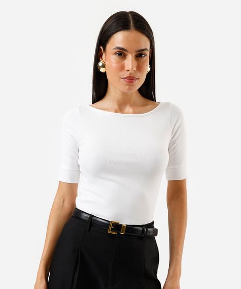 Blusa feminina canelada manga alongada off white