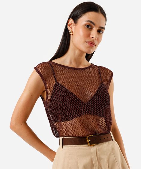 Regata de tricot feminina metalizada marrom