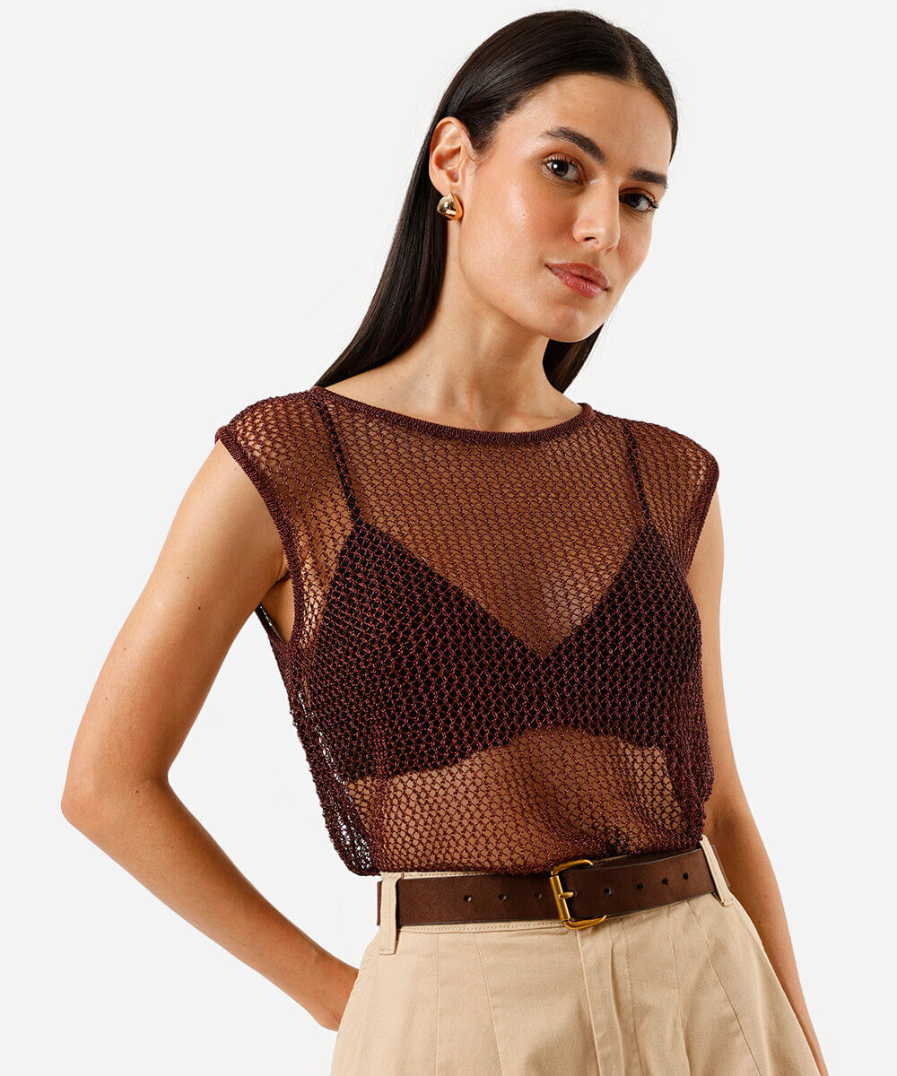 Regata de tricot feminina metalizada marrom