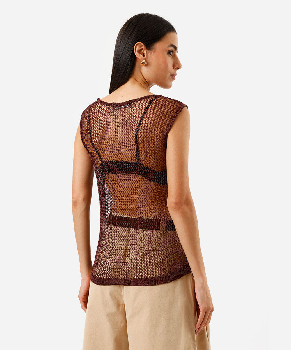 Regata de tricot feminina metalizada marrom