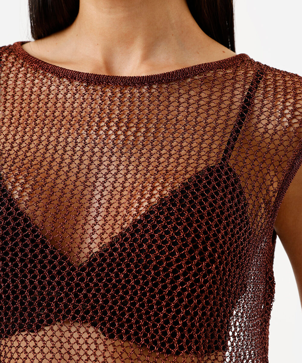 Regata de tricot feminina metalizada marrom