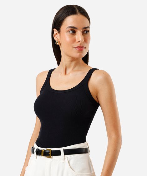regata alça fina feminina de algodão canelada básica preta