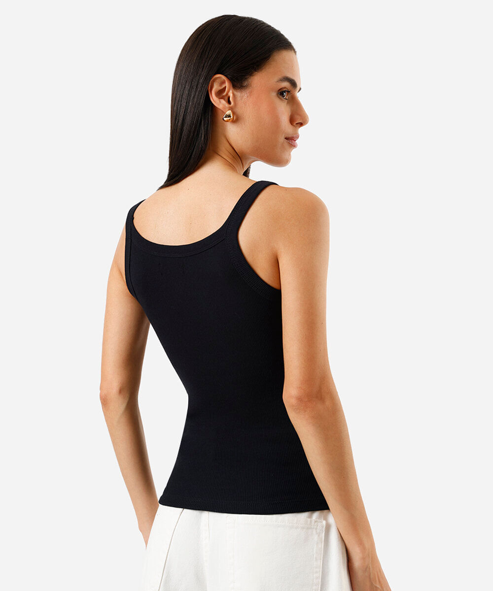 regata alça fina feminina de algodão canelada básica preta