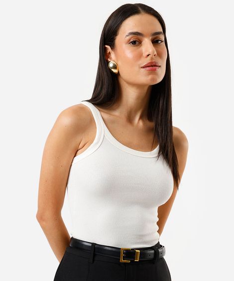 regata alça fina feminina de algodão canelada básica off white