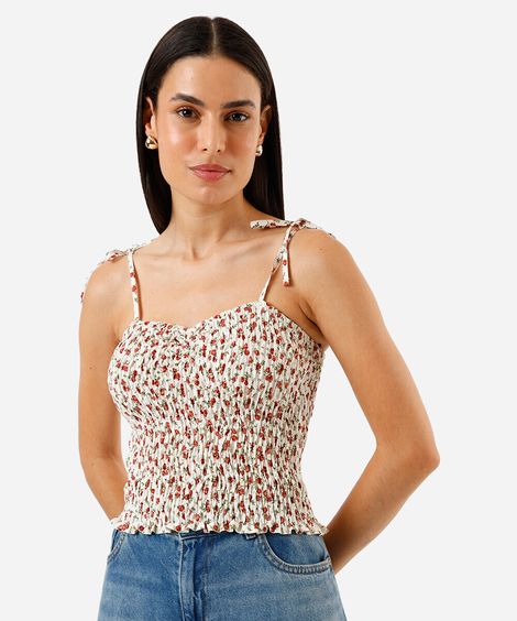 Blusa feminina lastex alça fina amarração floral bege