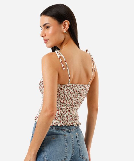 Blusa feminina lastex alça fina amarração floral bege