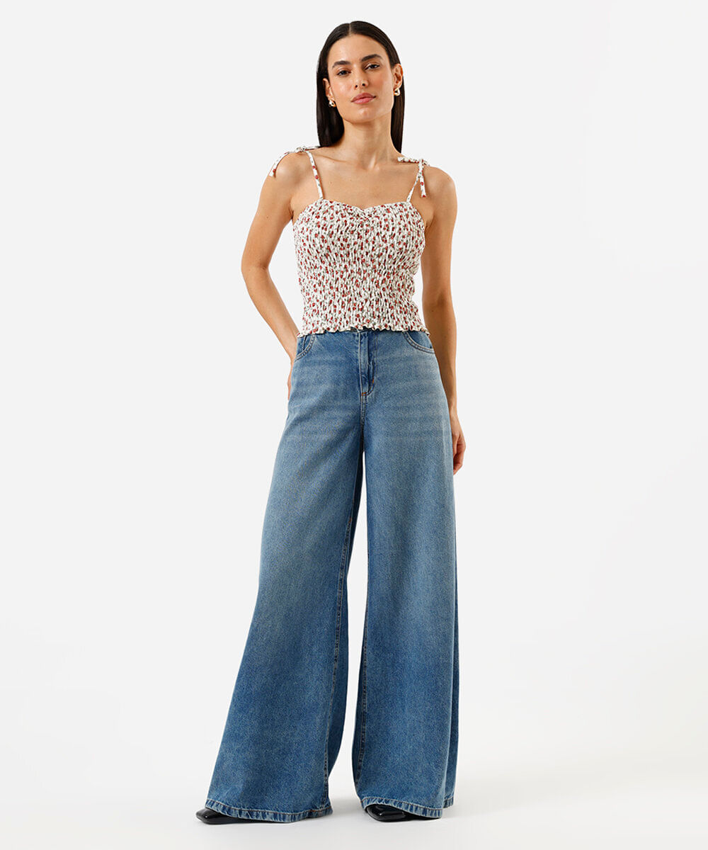 Blusa feminina lastex alça fina amarração floral bege