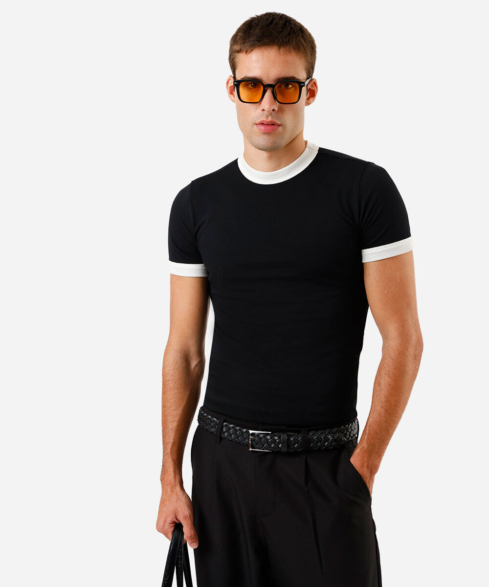 camiseta masculina de algodão bicolor preta
