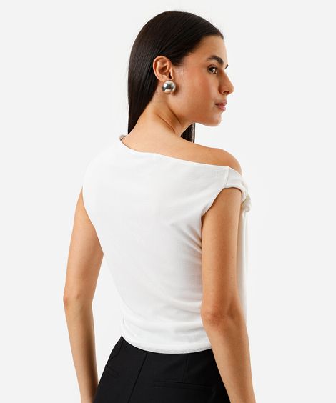 blusa feminina de tule franzida com amarração off white