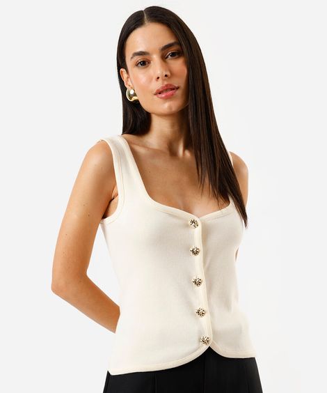 regata feminina de tricot com botões bege