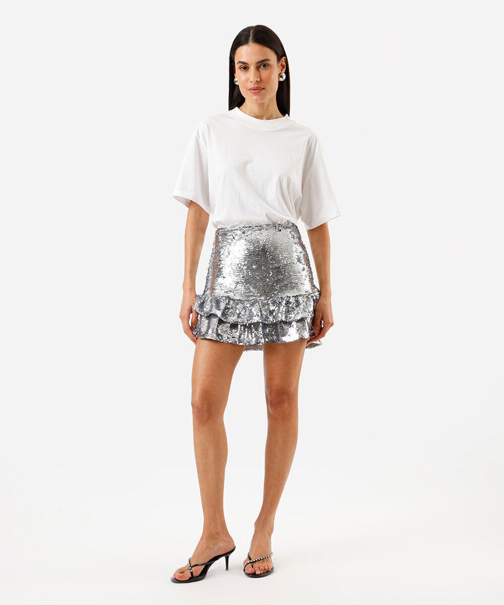 saia curta feminina de paetê cinza