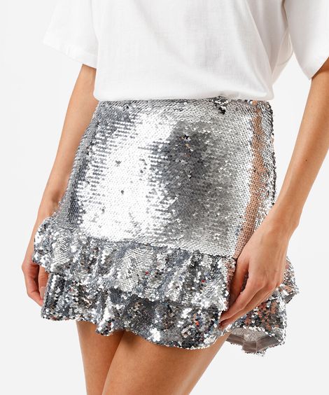 saia curta feminina de paetê cinza