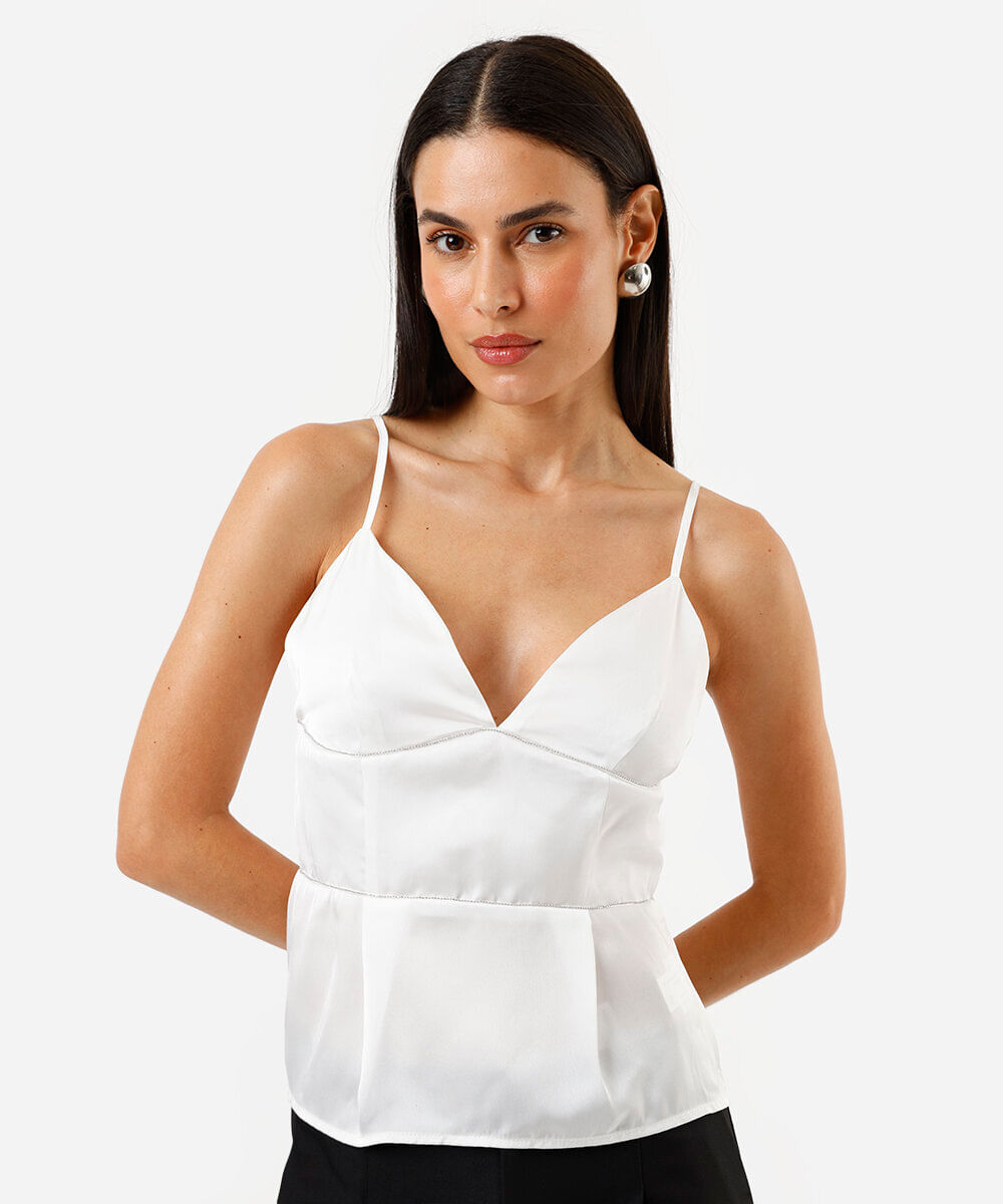 blusa feminina alça fina com brilho off white