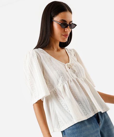 bata feminina de laise manga curta off white