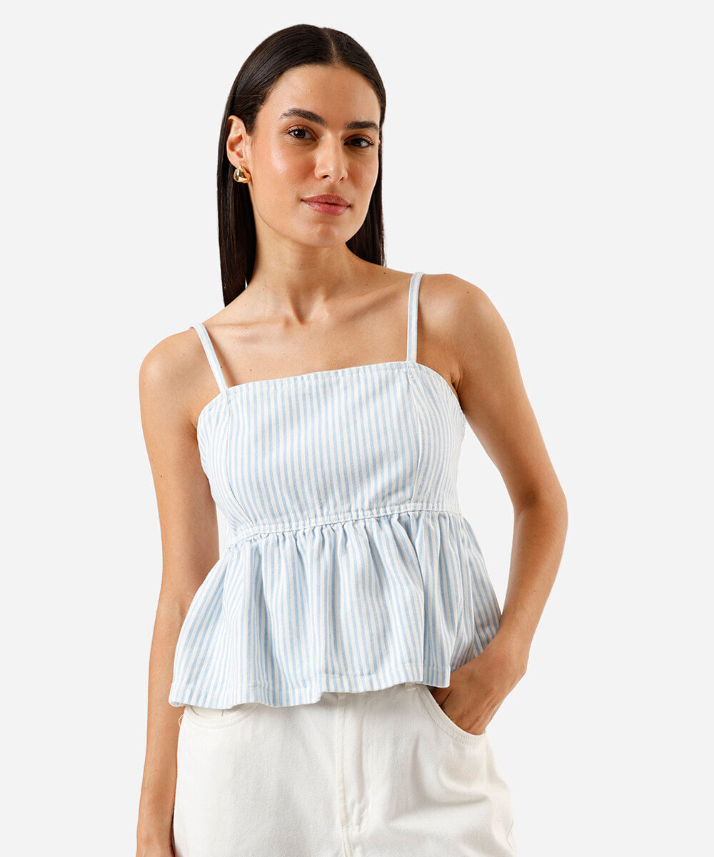 blusa feminina jeans listrada peplum azul