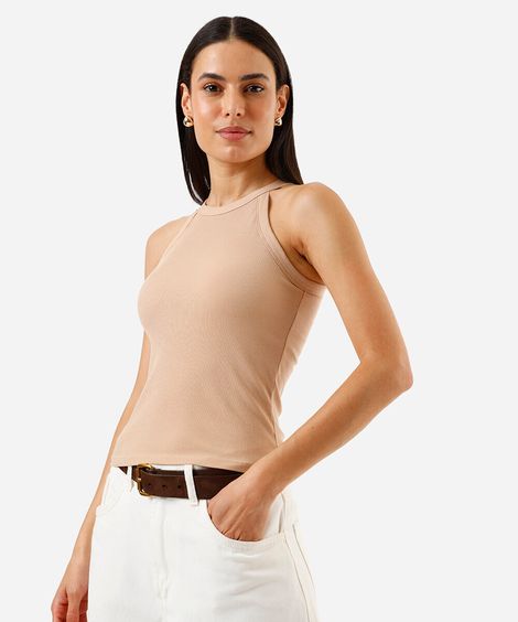 regata básica feminina de algodão halterneck com bojo bege