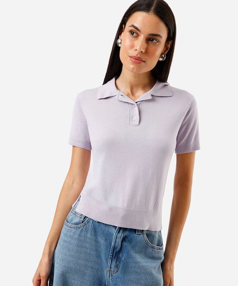 polo feminina de tricot manga curta lilás