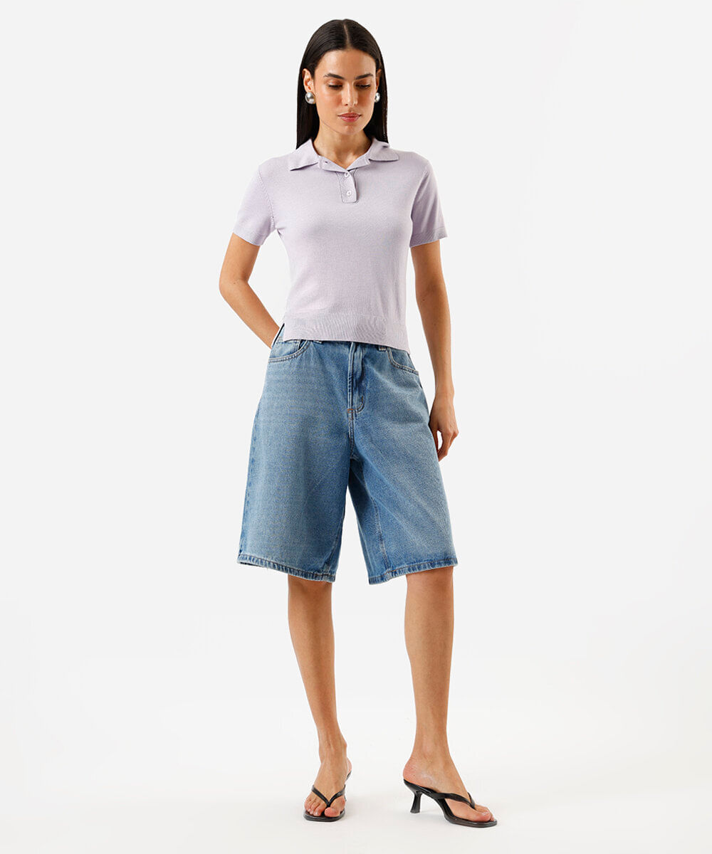 polo feminina de tricot manga curta lilás