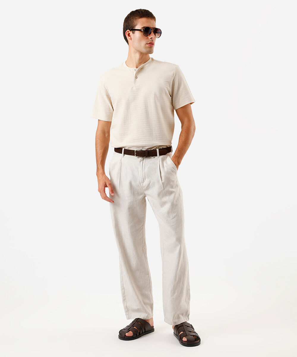 camiseta masculina henley listrada bege