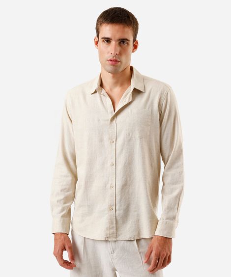 camisa comfort com linho manga longa bege