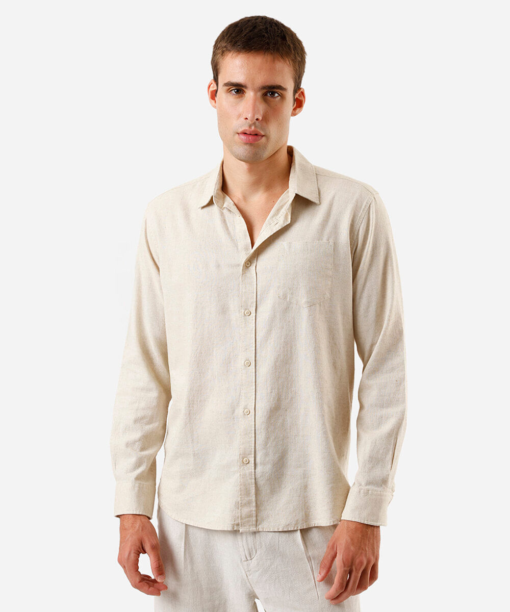 camisa comfort com linho manga longa bege