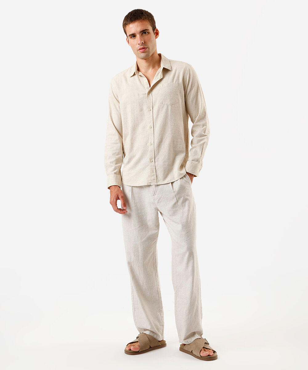 camisa comfort com linho manga longa bege