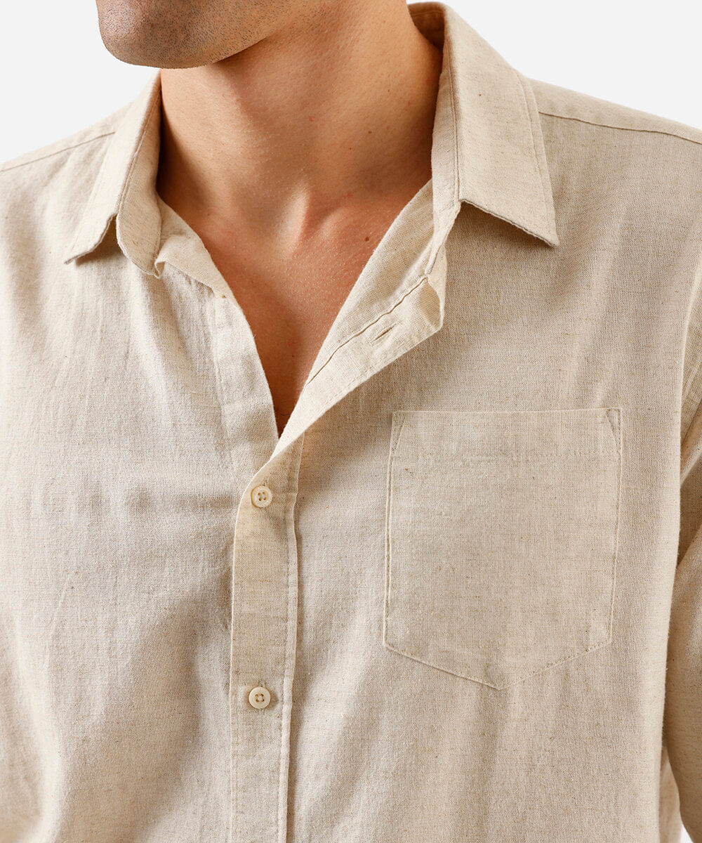 camisa comfort com linho manga longa bege