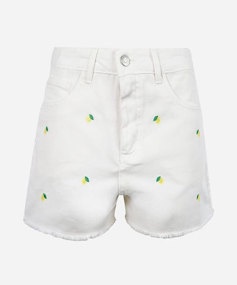 short jeans juvenil com limões bordados branco