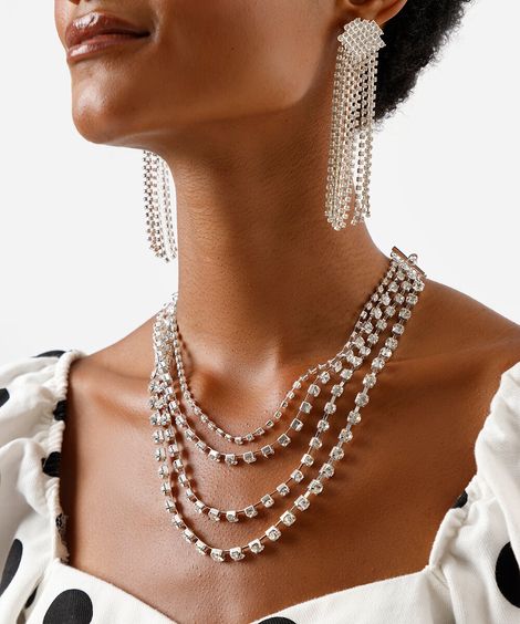 colar feminino de strass em camadas prateado