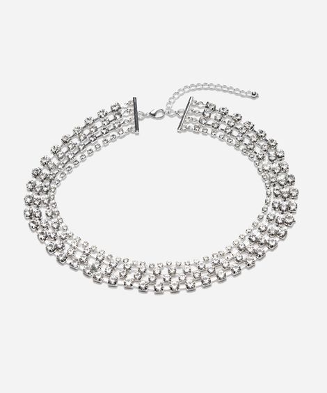 colar feminino de strass em camadas prateado