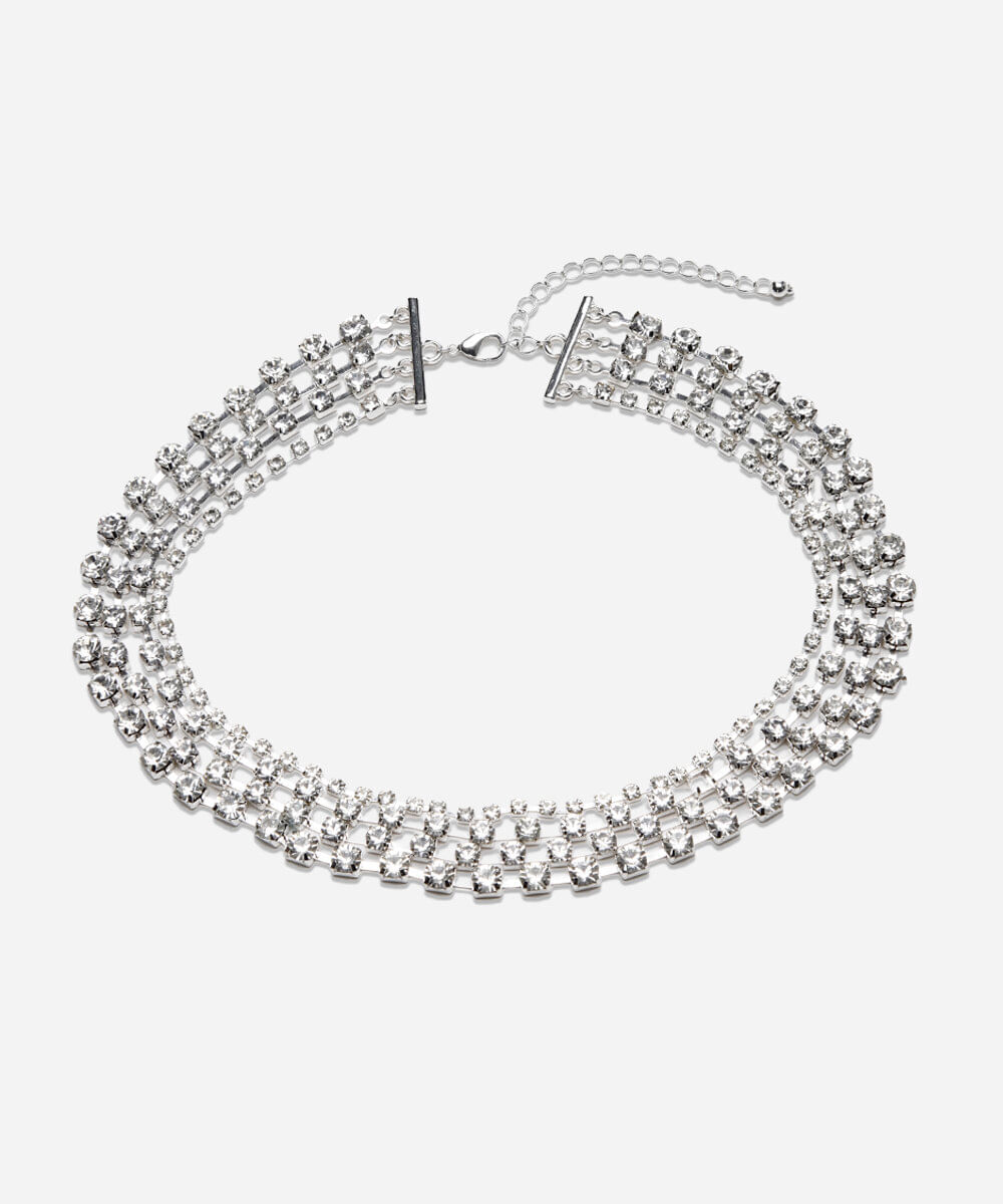 colar feminino de strass em camadas prateado